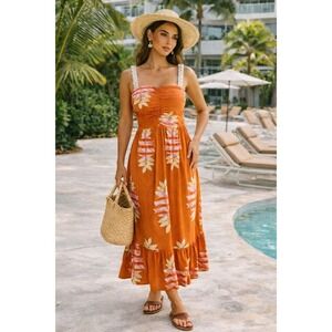 Tennis Orange Floral Maxi Dress Size L Boho Resort Tropical Summer Macrame Strap